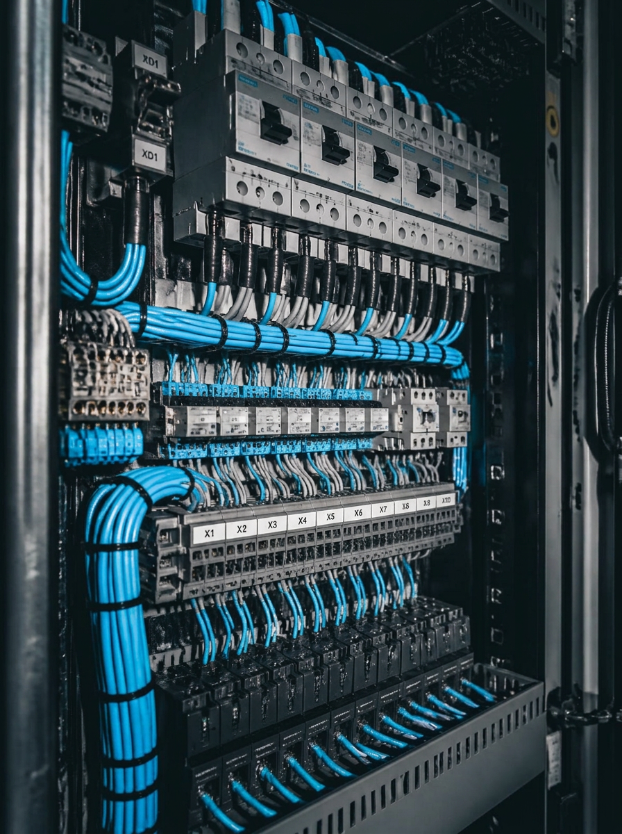 Tablero eléctrico industrial con cableado celeste y protecciones