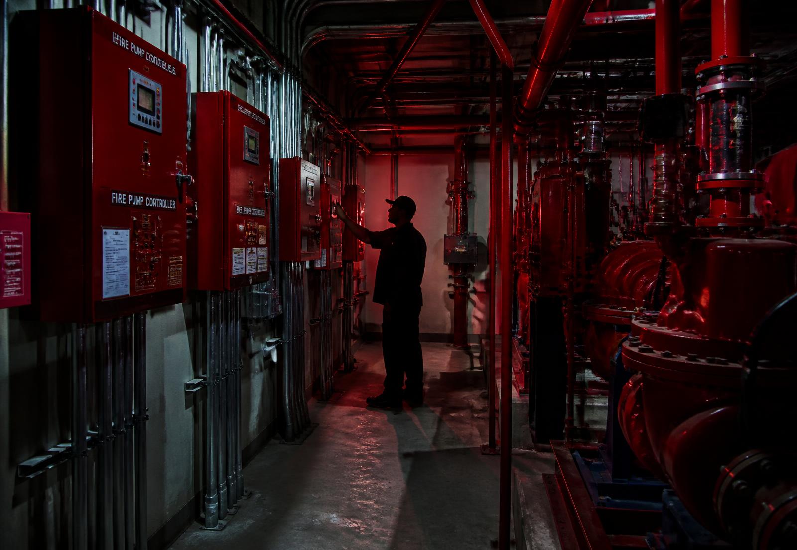 Técnico revisando controladores en sala de bombas contra incendio