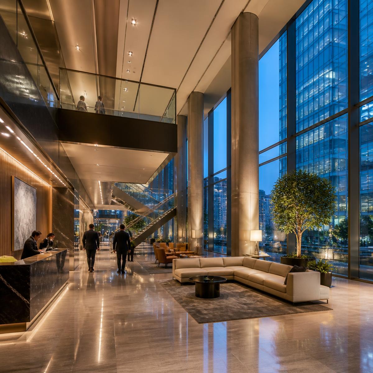 Interior de hotel y edificio corporativo al anochecer